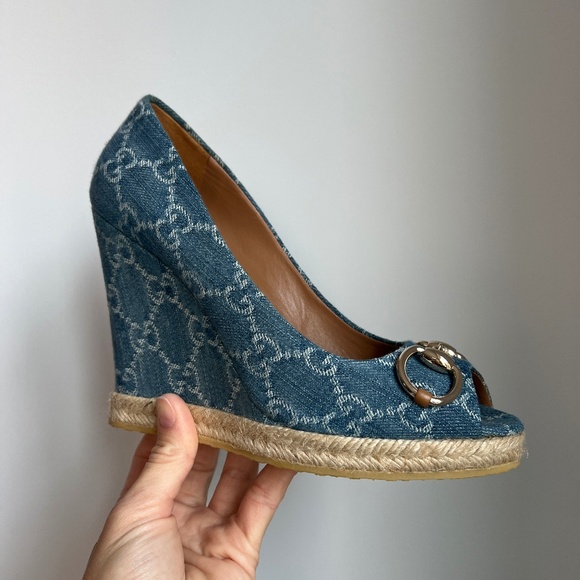 Gucci Monogram Denim Wedges - Picture 7 of 8